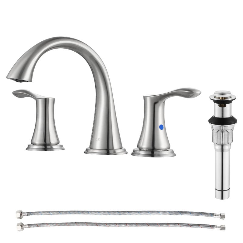 PARLOS Widespread 2 Handles Bathroom Faucet with Metal Pop Up Sink Drain and cUPC Faucet Supply Lines, Brushed Nickel, Demeter 13647 - Image 1